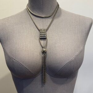 Silver-Tone Lariat Necklace with Rhinestone Detail & Chain Tassel